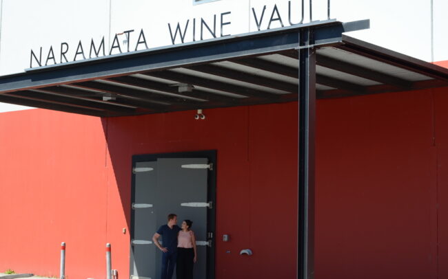 Ben and Katie standing outside of the Naramata Wine Vault