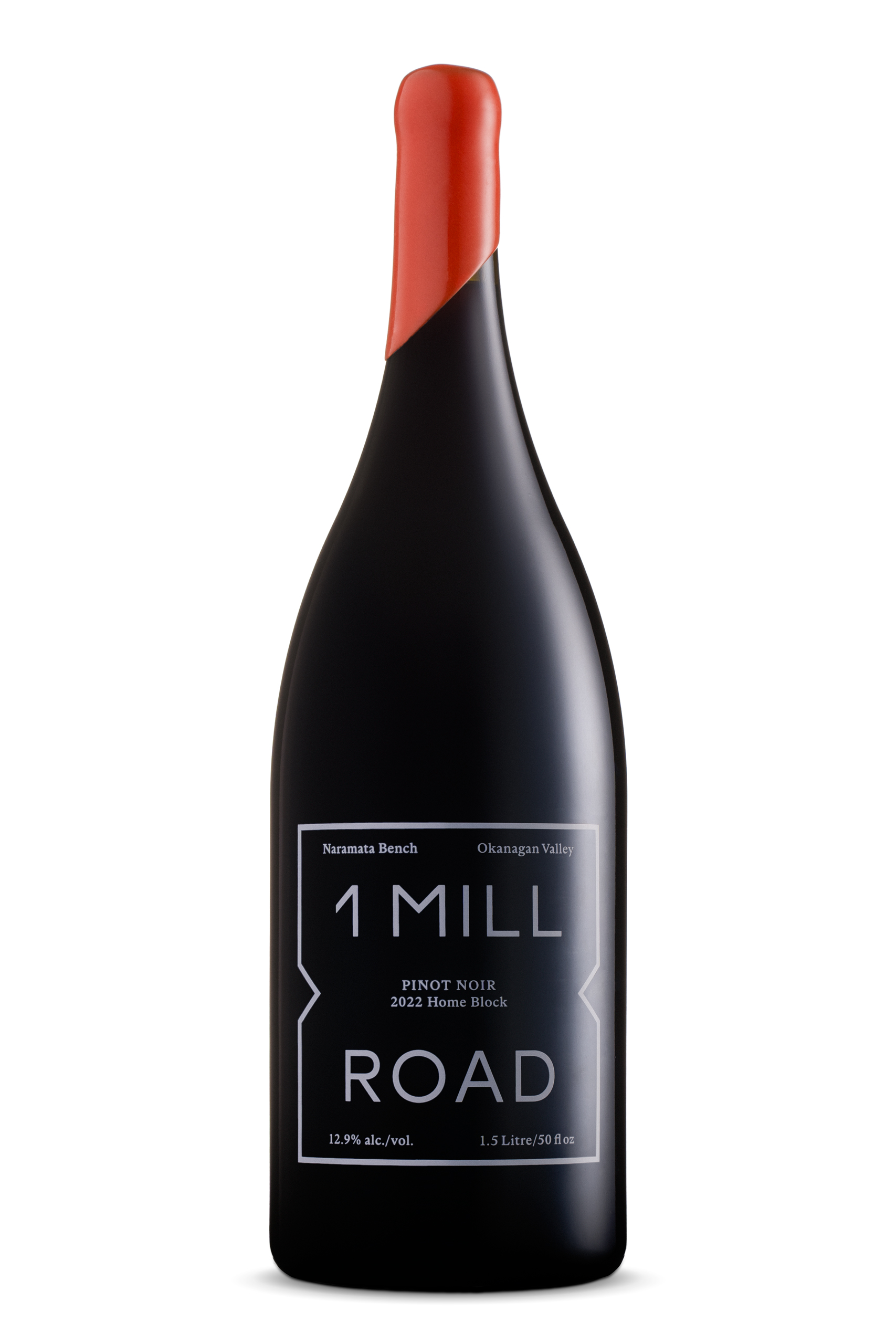 Bottle of 1 Mill Road 2022 Home Block Pinot Noir with red wax seal.